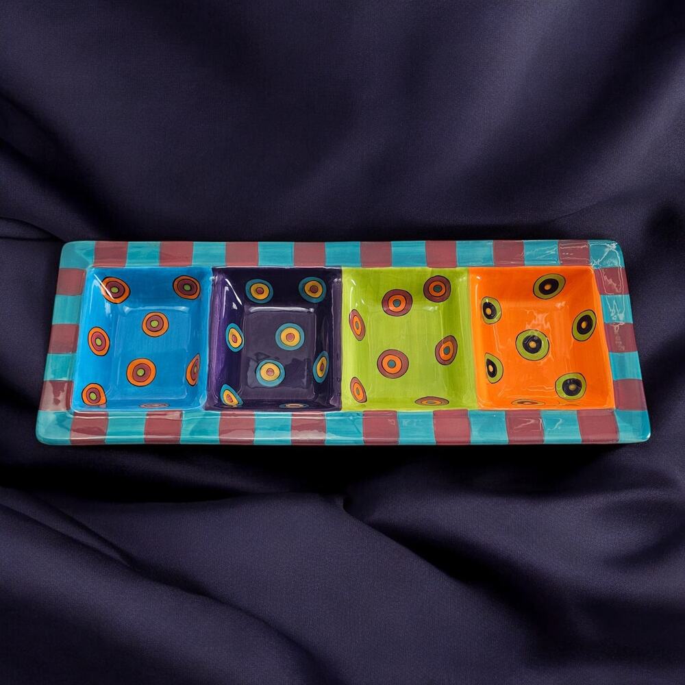 All U Can Handle Hand Painted 4 Section Relish Dish Tray 18" Colorful Dots